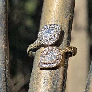 Lightening quartz & topaz dual teardrop Sterling Bronze&Gold ringSz8 Adjustable